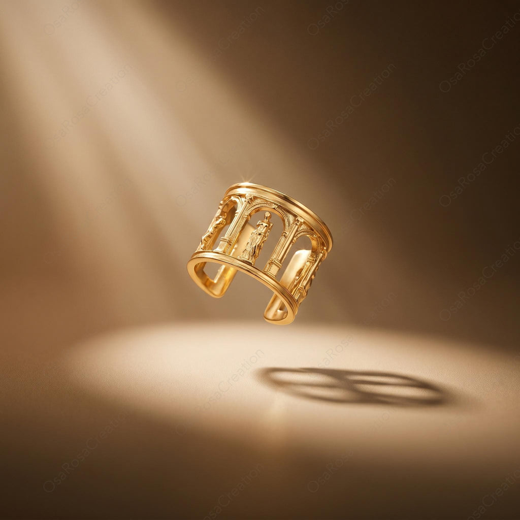 Architectural Gold Ring, Ancient Temple Ring, Classical Column Ring, Sculptural Wide Band Ring, Artistic Statement Ring, Museum Jewelry