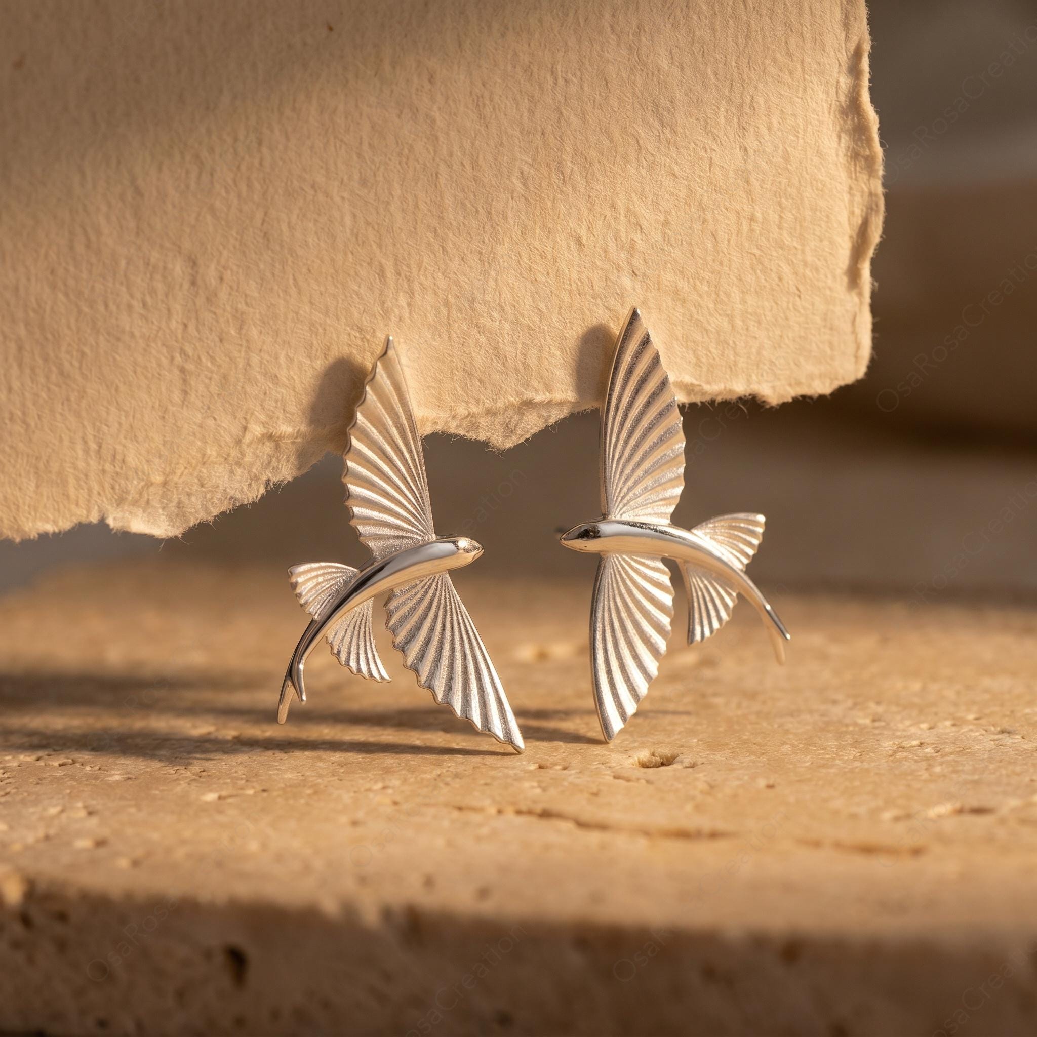 Sculptural Flying Fish Earrings, Silver Ocean Inspired Studs, Artistic Marine Life Jewelry, Nature Inspired Coastal Accessories