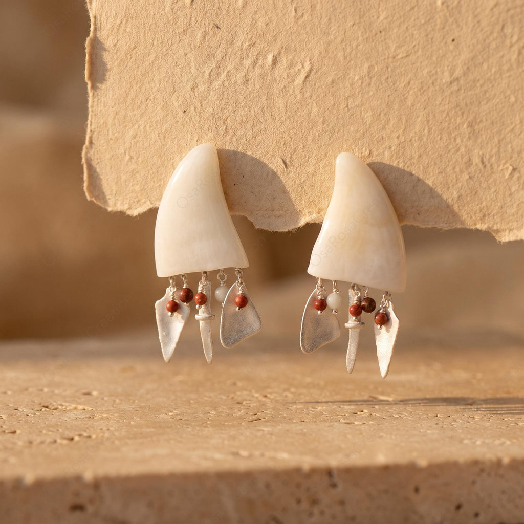 Tribal Horn Faux Resin Earrings, Artisan Sterling Silver Dangle Drops