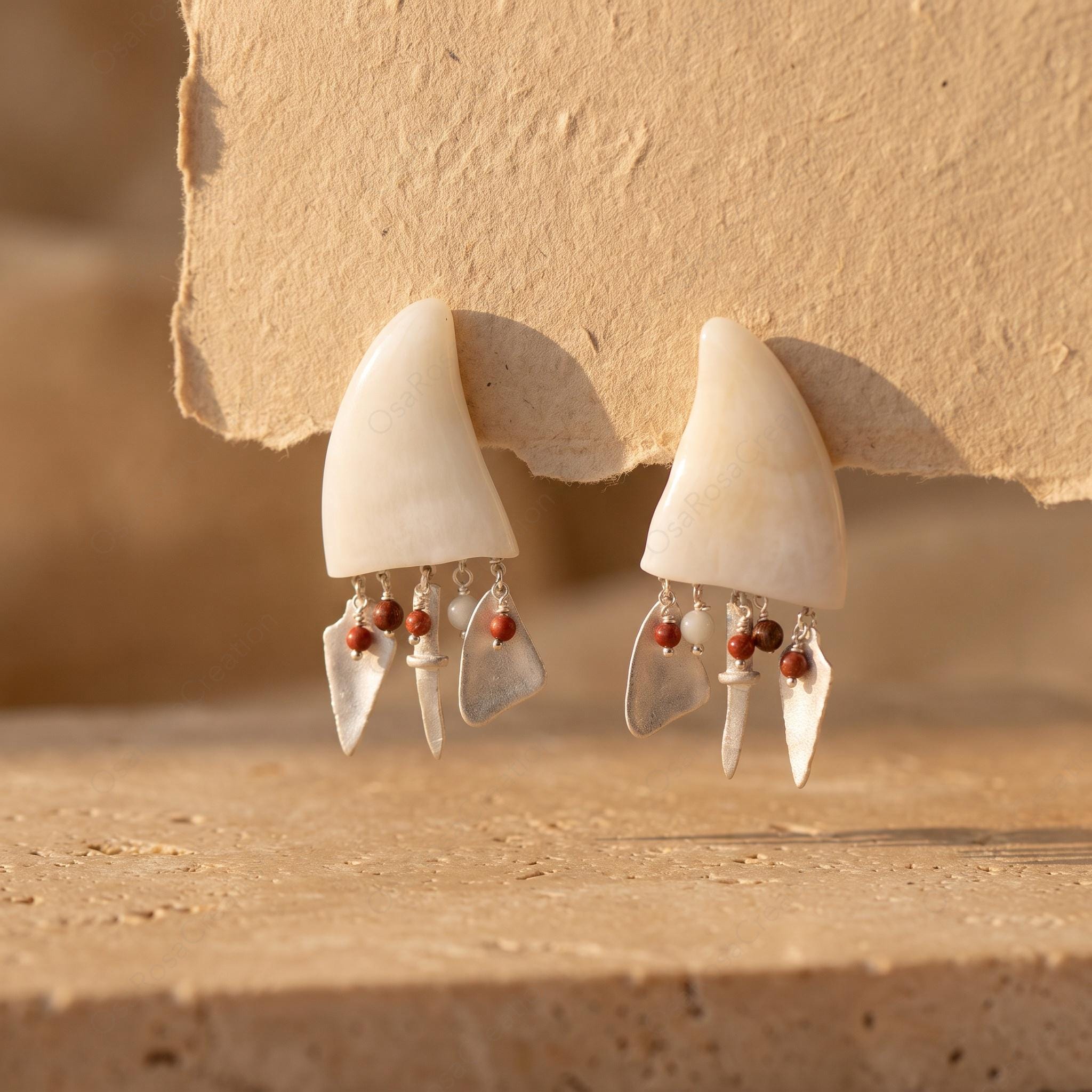 Tribal Horn Faux Resin Earrings, Artisan Sterling Silver Dangle Drops