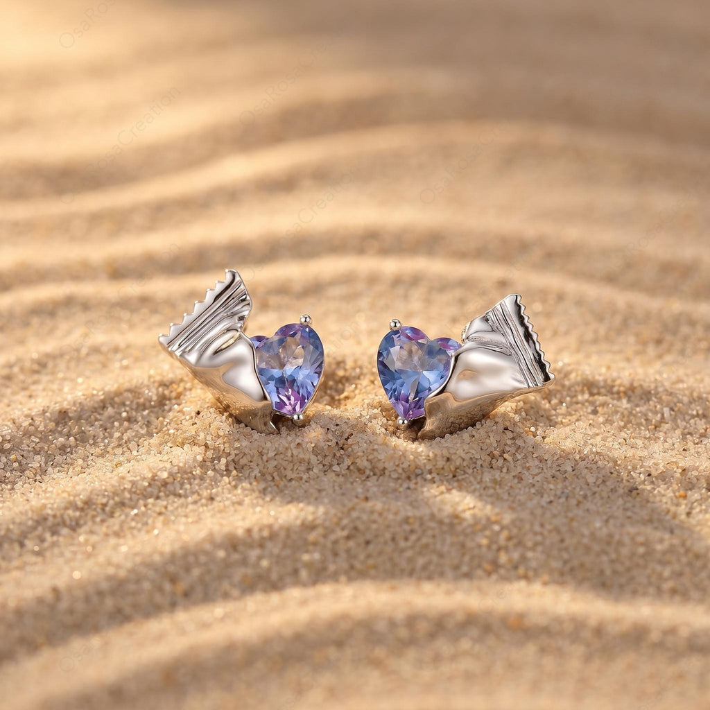 Sterling Silver Crushed Metal Heart Earrings, Purple Gemstone Studs, Unwrapped Candy Design