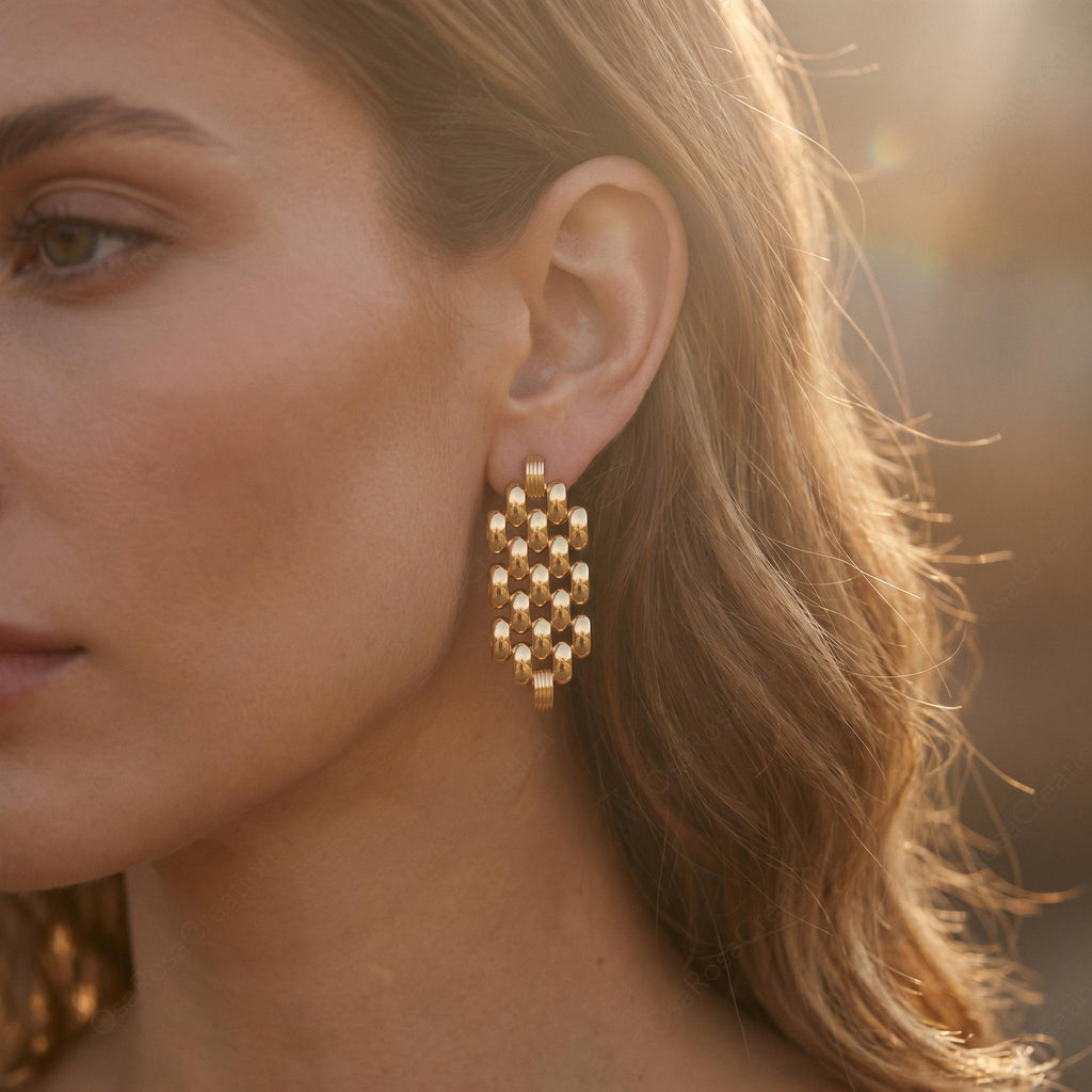 Chunky Gold Woven Drop Earrings, Architectural Statement Jewelry, Vintage Style Gift