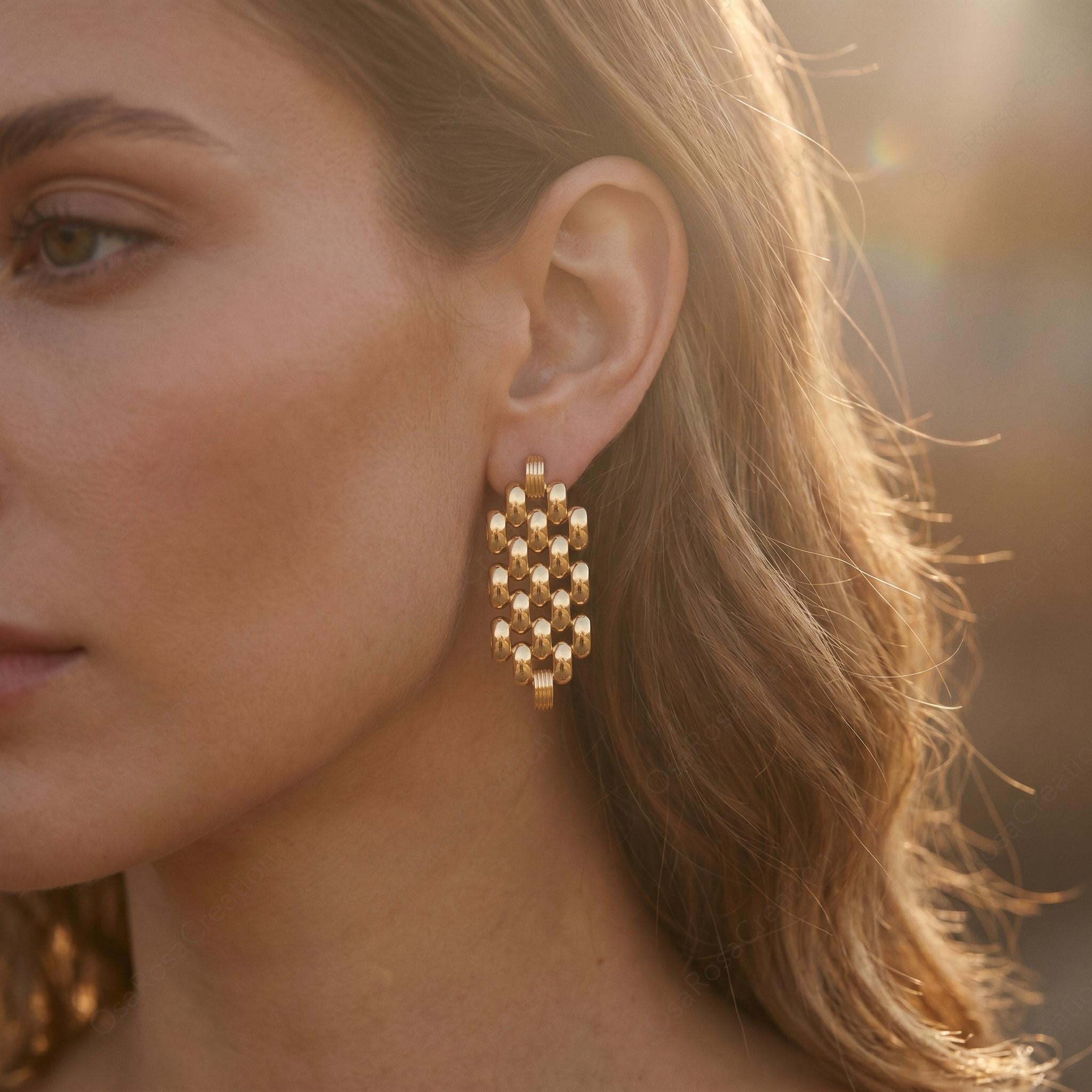 Chunky Gold Woven Drop Earrings, Architectural Statement Jewelry, Vintage Style Gift