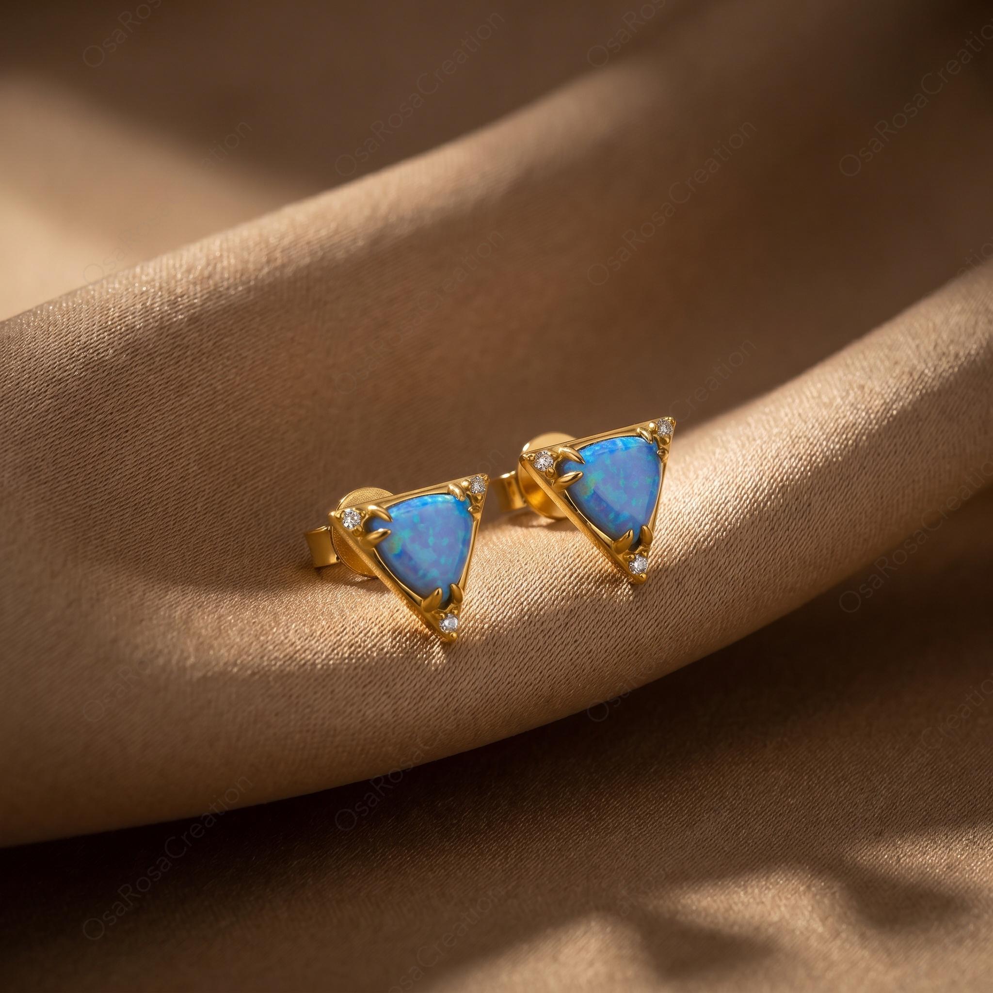 Blue Opal Triangle Stud Earrings, Gold Plated Geometric Dainty Jewelry