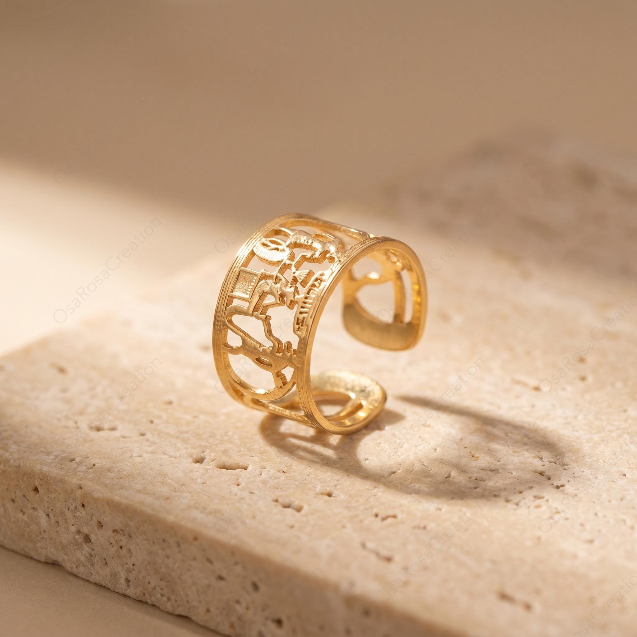 Gold Plated Copper Hieroglyphic Ring | Egyptian Nile Statement Jewelry (Adjustable)