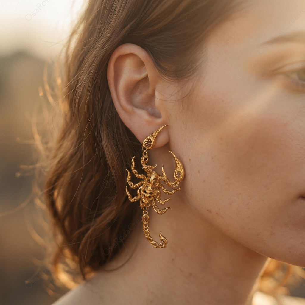 Scorpio Scorpion Statement Earrings, Gold Baroque Filigree Zodiac Jewelry