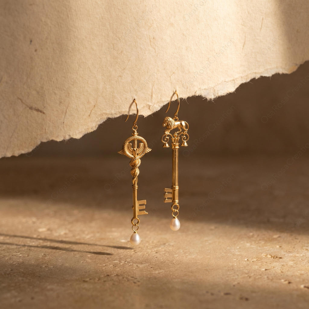 Mismatched Key Earrings • Lion & Caduceus • Pearl Drop, Sterling Silver Hooks