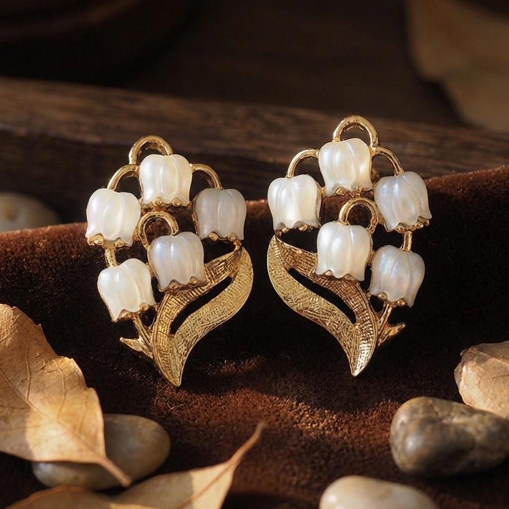 Lily of the Valley Earrings • Pearl Muguet Flower Studs • Vintage Botanical Jewelry