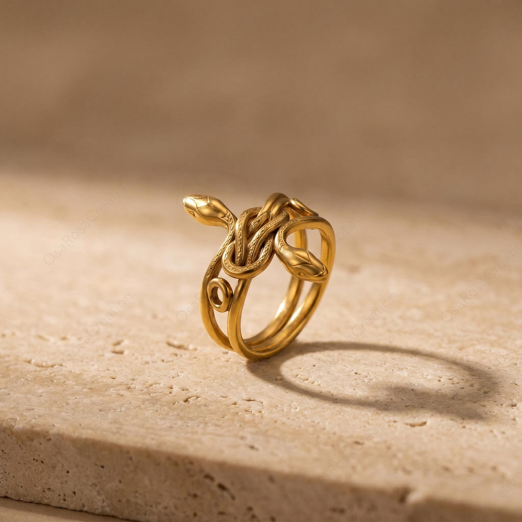 Sculptural Gold Snake Ring, Textured Serpent Animal Jewelry, Ancient Style Statement Ring