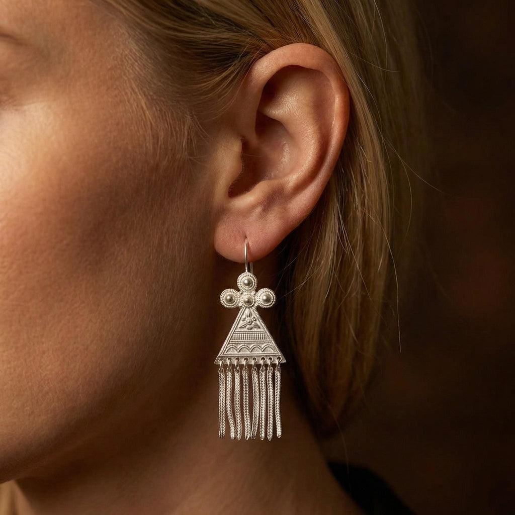 Tribal Tassel Earrings – Intricate Granulation Filigree Drops, Sterling Silver Posts