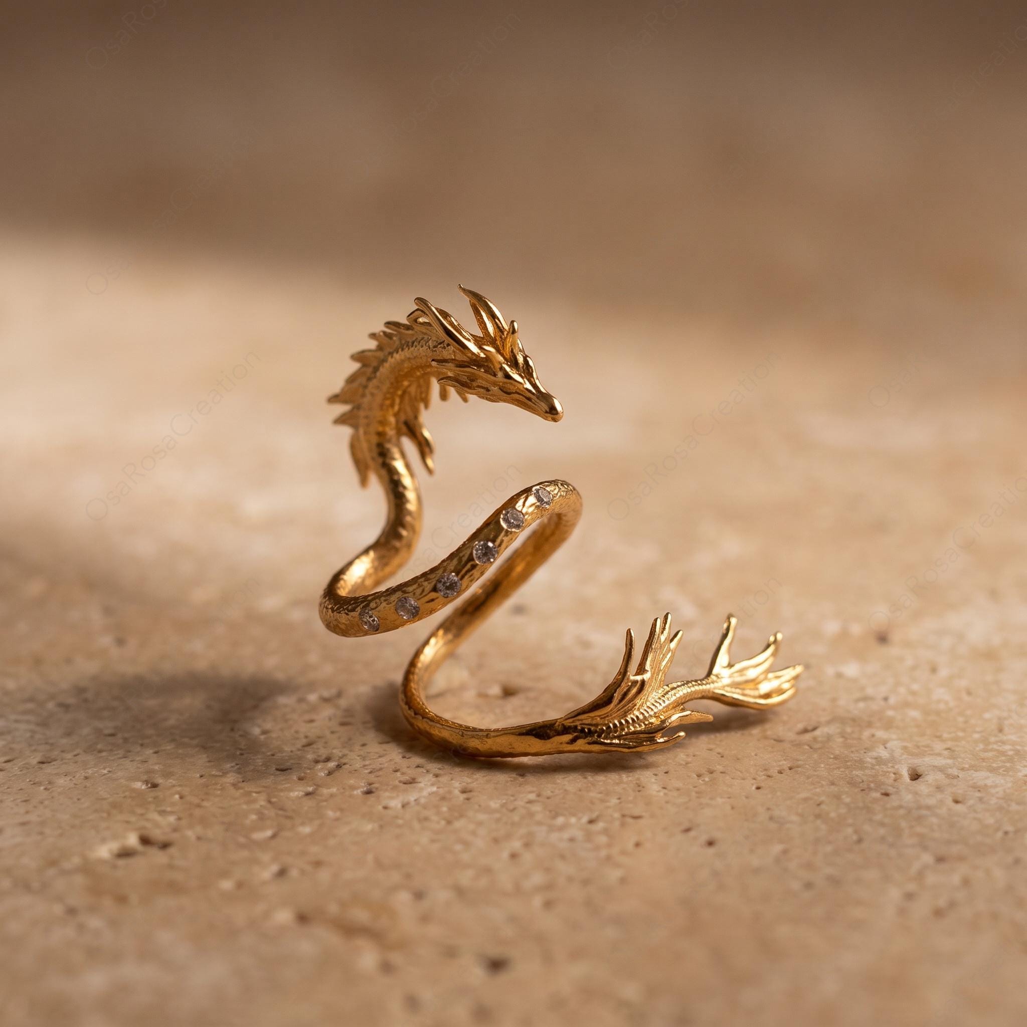 Gold Dragon Ring, Sculptural Wrap Ring, Elegant Mythical Jewelry, Artistic Animal Ring, Delicate Crystal Ring, Quiet Luxury Statement Piece