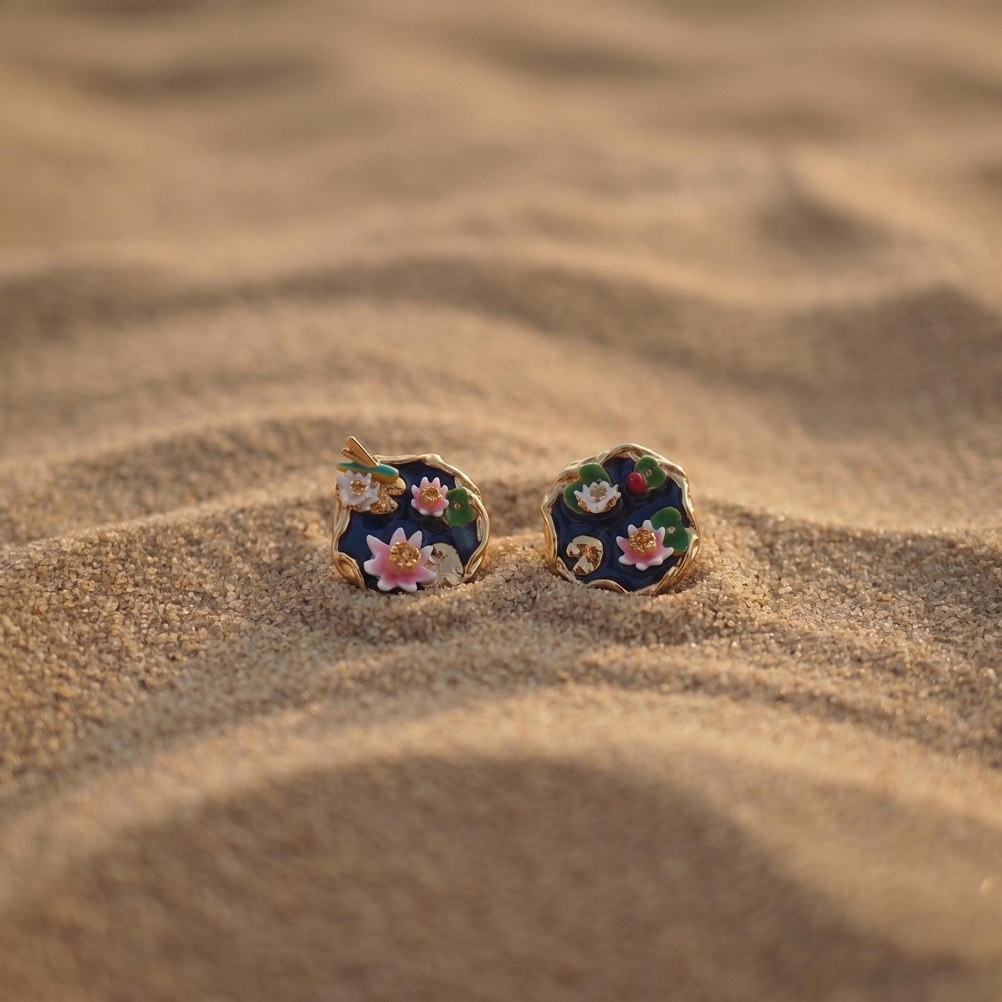 Vintage Floral Enamel Earrings, Deep Blue Botanical Studs, Gold Framed Flower Jewelry