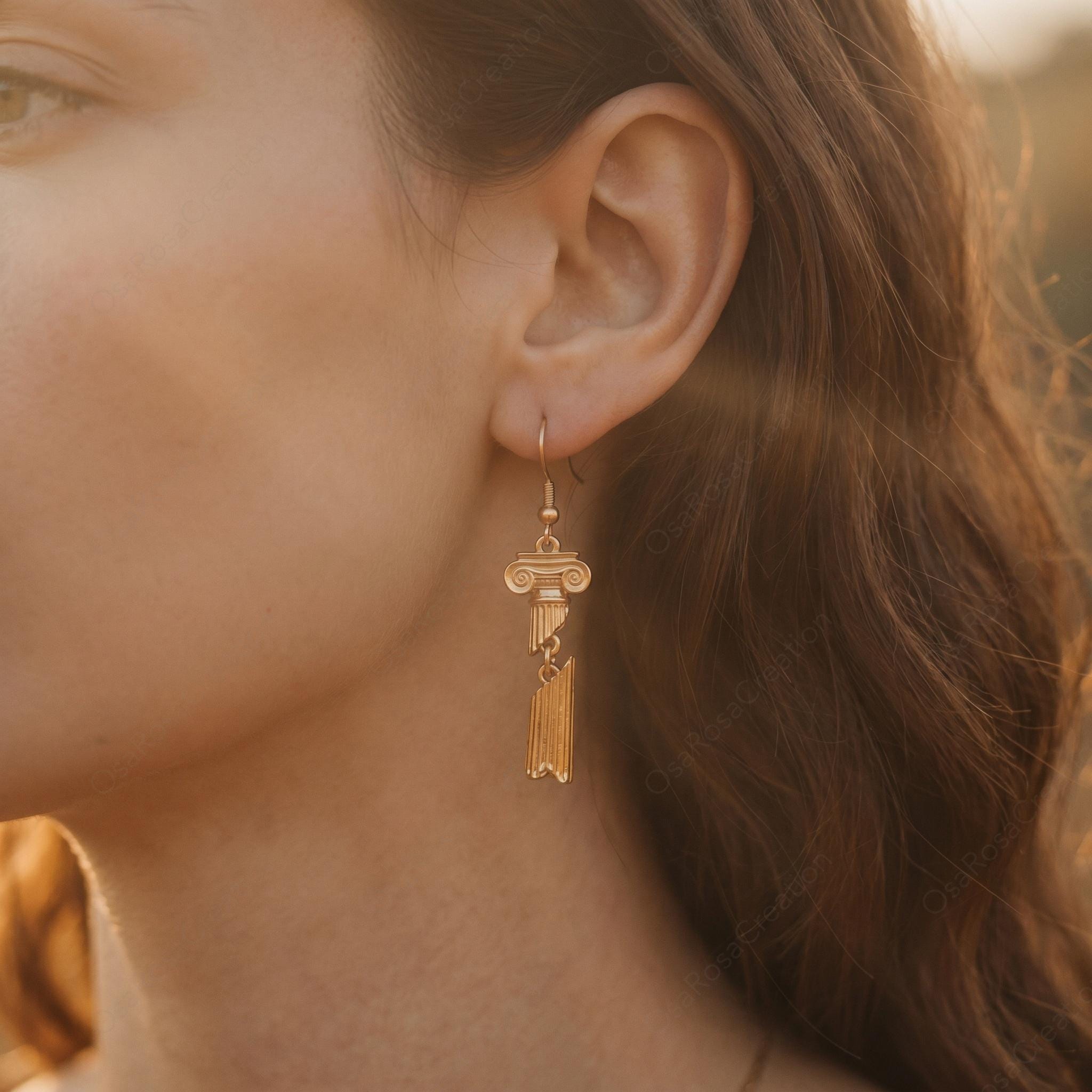 Gold Greek Earrings | Athena Goddess Earrings | Roman Column Dangle Earrings | Ancient Greek Jewelry | Gift for Her |  Christmas gift