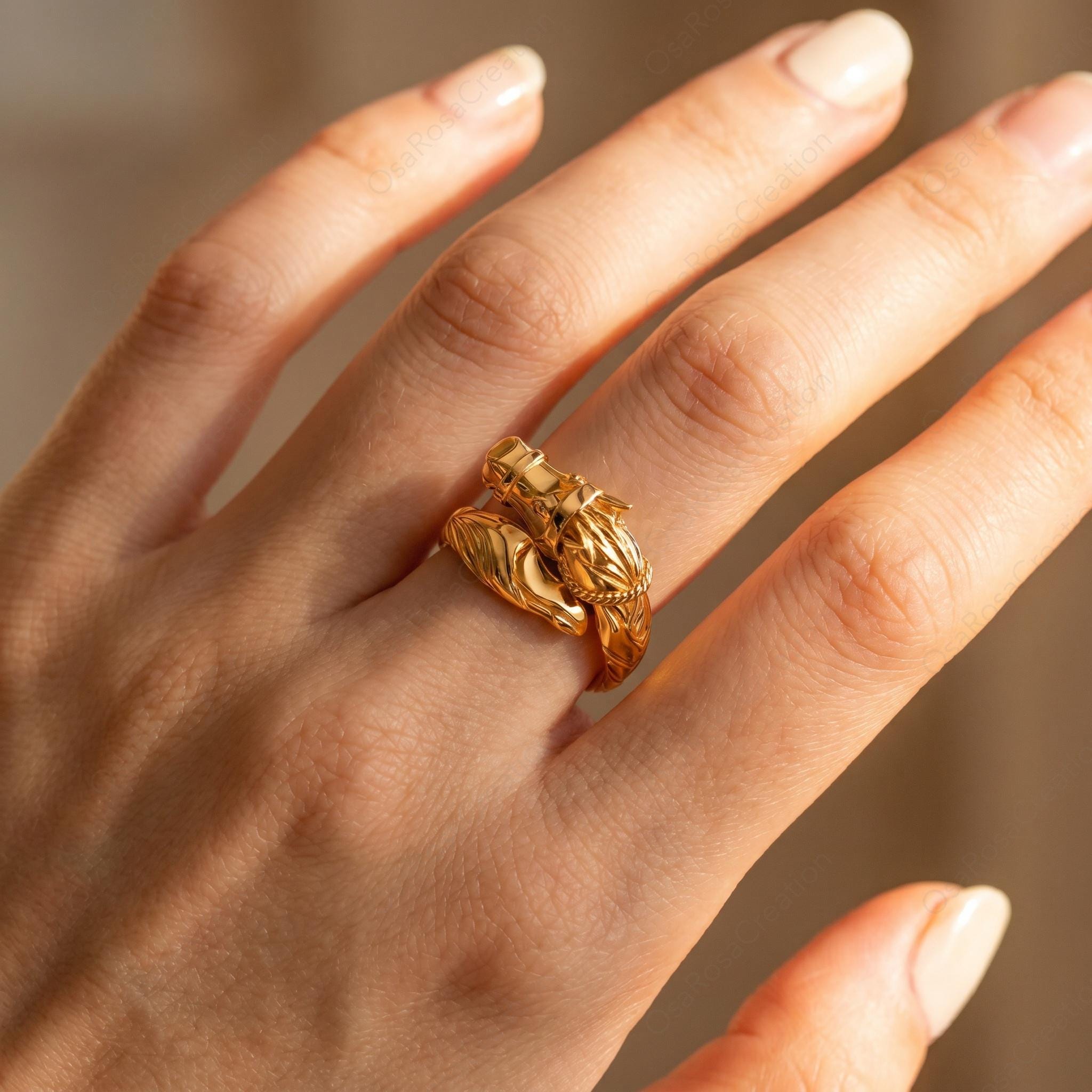 Sculptural Gold Horse Wrap Ring, Equestrian Animal Jewelry, Vintage Style Statement Piece