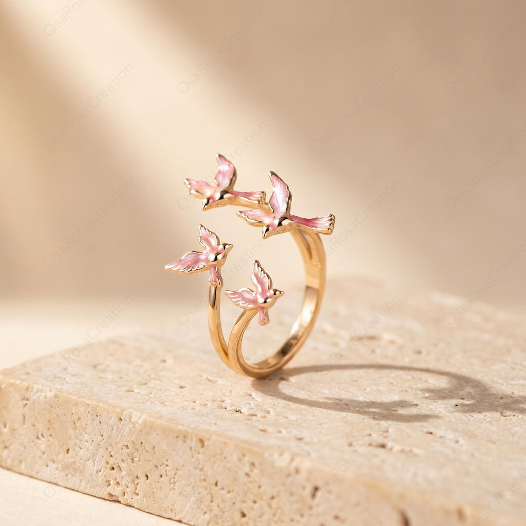 Pink Enamel Bird Ring, Gold Flying Swallow Wrap Ring, Nature Inspired Open Band, Poetic Animal Jewelry, Romantic Spring Gift for Her