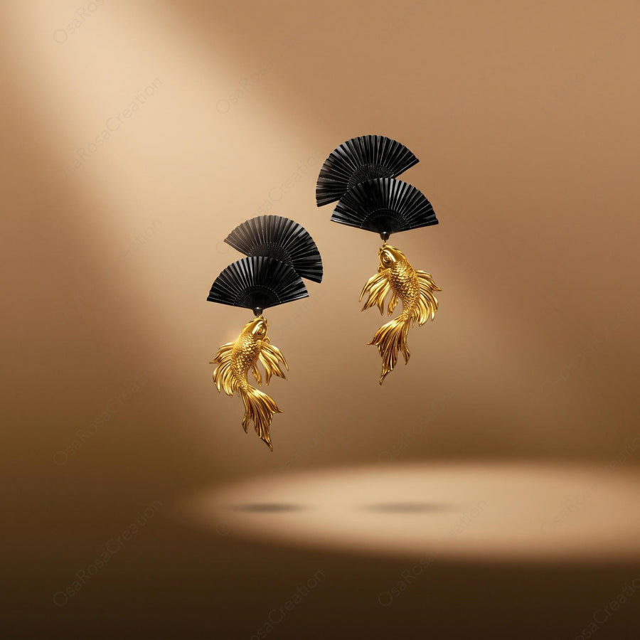 Black Fan Koi Earrings
