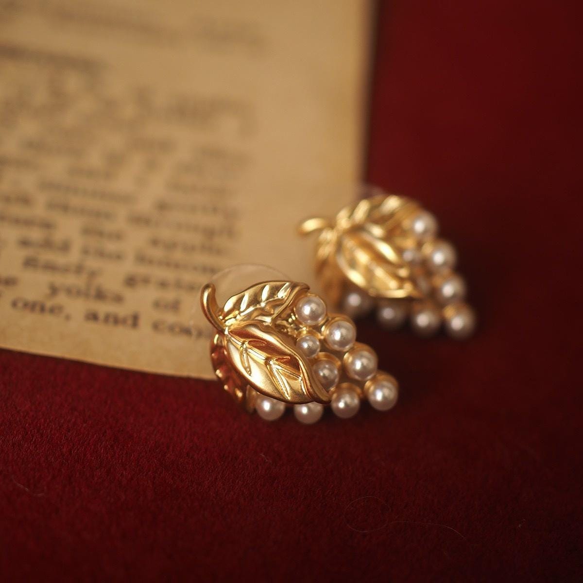 Gold Grape Pearl Stud Earrings, Vintage Botanical Dionysus Jewelry