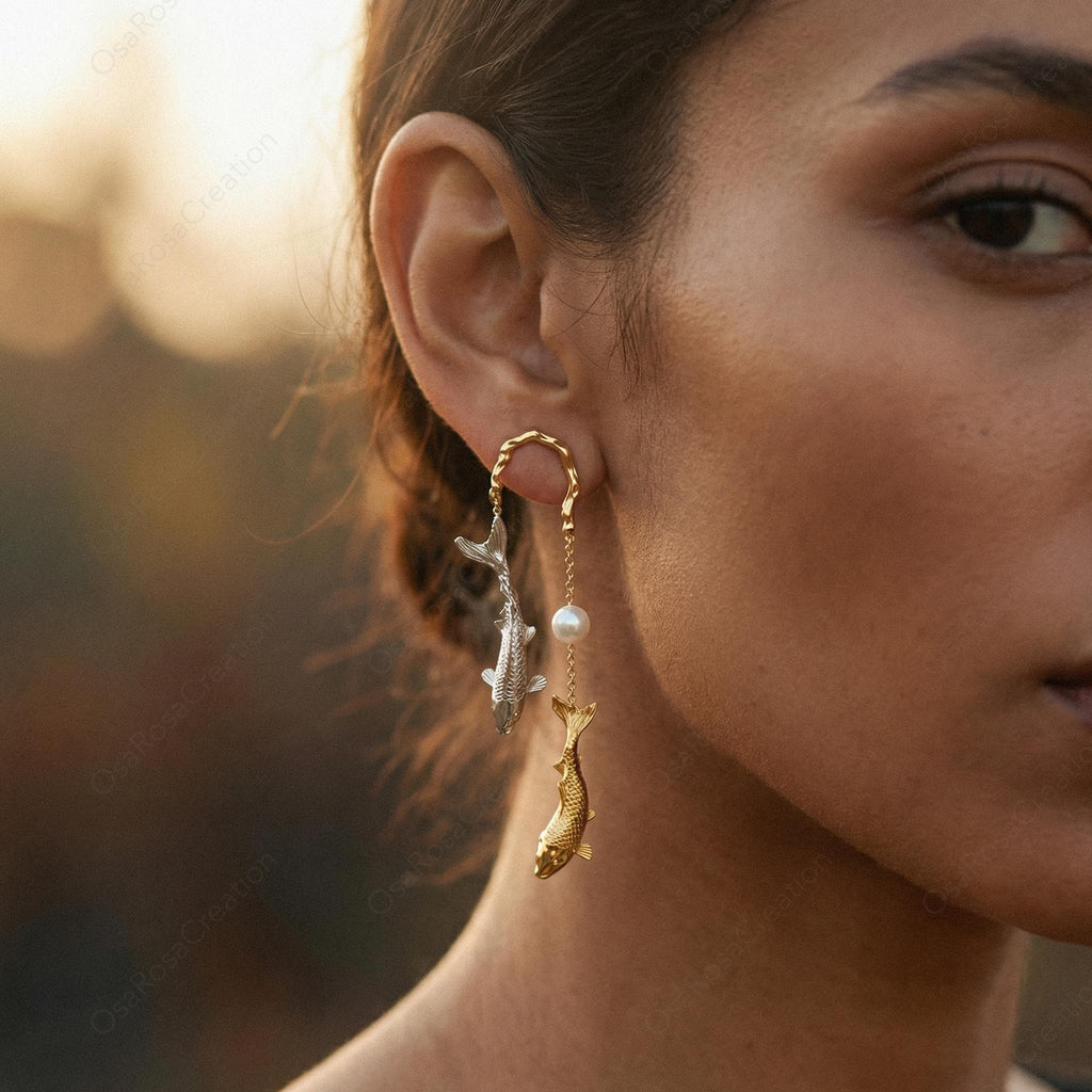 Sculptural Koi Fish Pearl Drop Earrings – Gold-Plated Brass Nature Jewelry