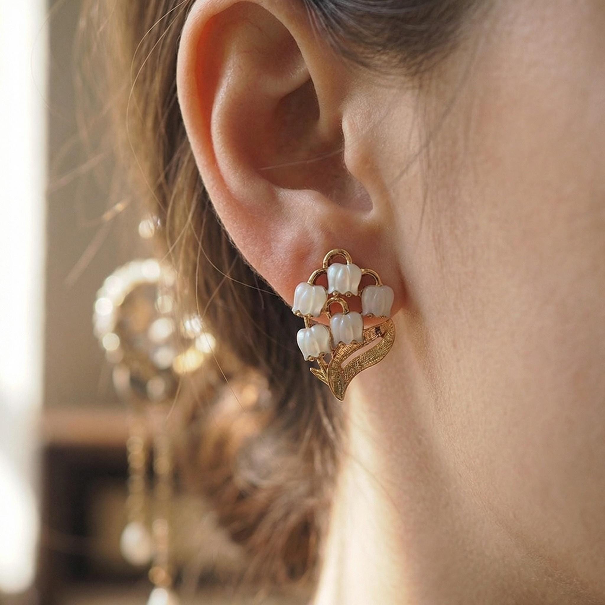 Lily of the Valley Earrings • Pearl Muguet Flower Studs • Vintage Botanical Jewelry