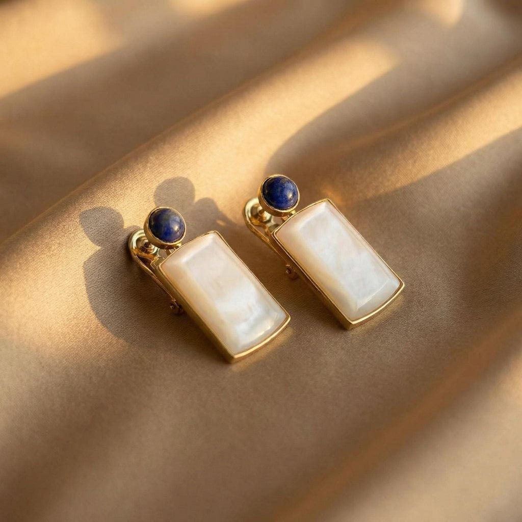 Art Deco Mother of Pearl Lapis Lazuli Earrings – 18K Gold Plated Sterling Silver Drops