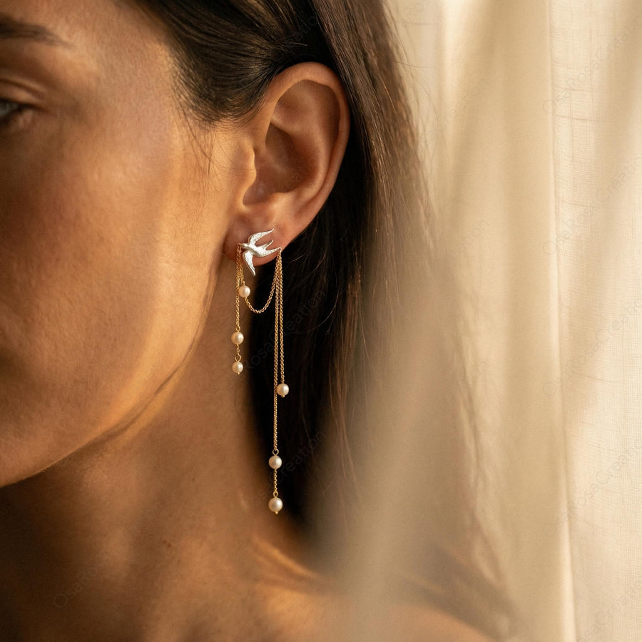 Silver Bird Pearl Earrings