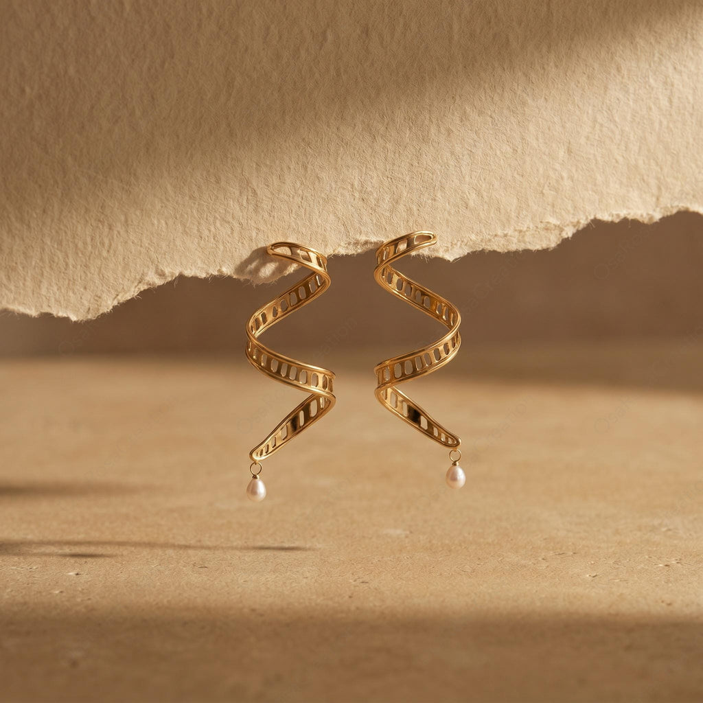Gold DNA Helix Earrings • Pearl Drop, Science Jewelry
