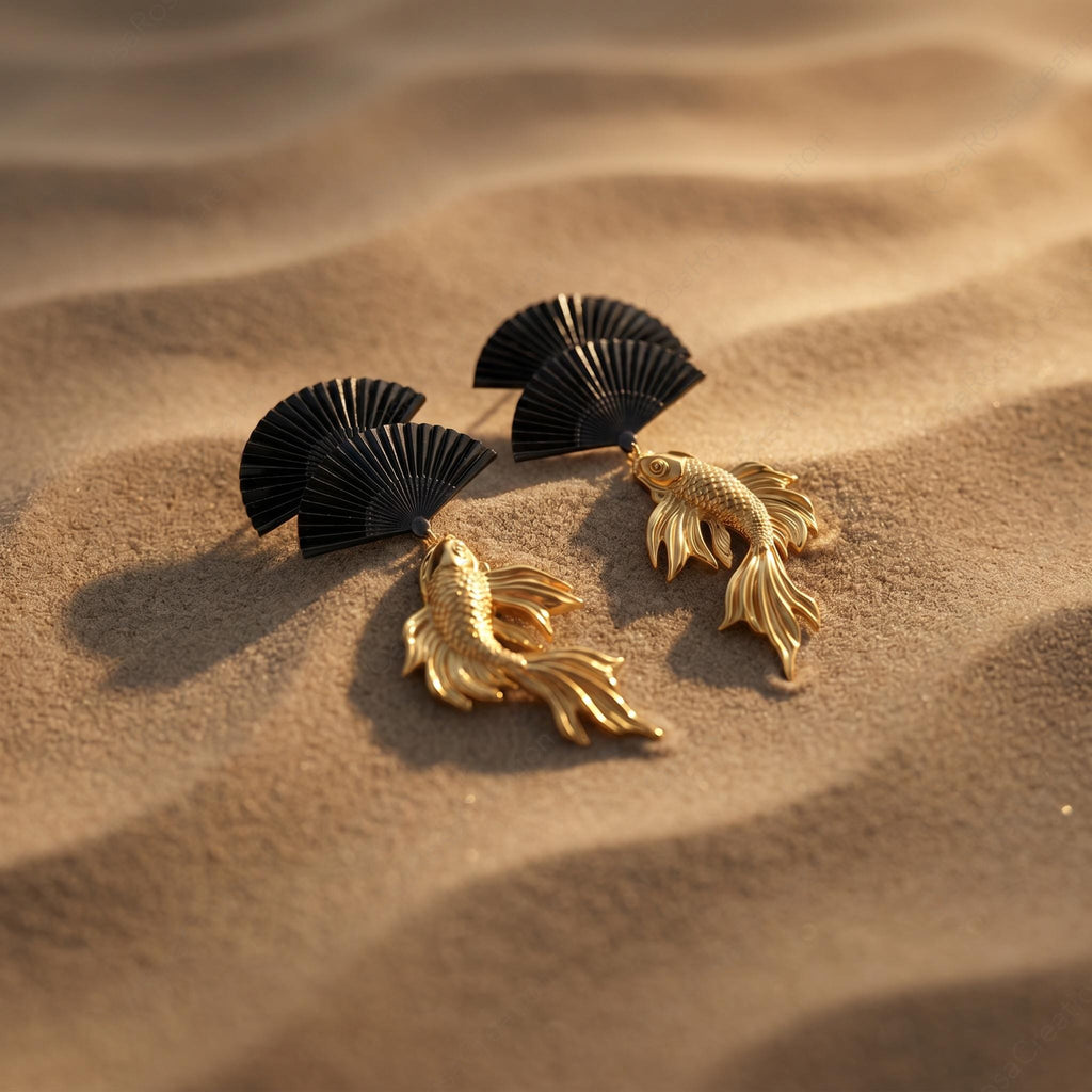 Sculptural Koi Fish Black Fan Earrings, Artistic Gold Oriental Jewelry