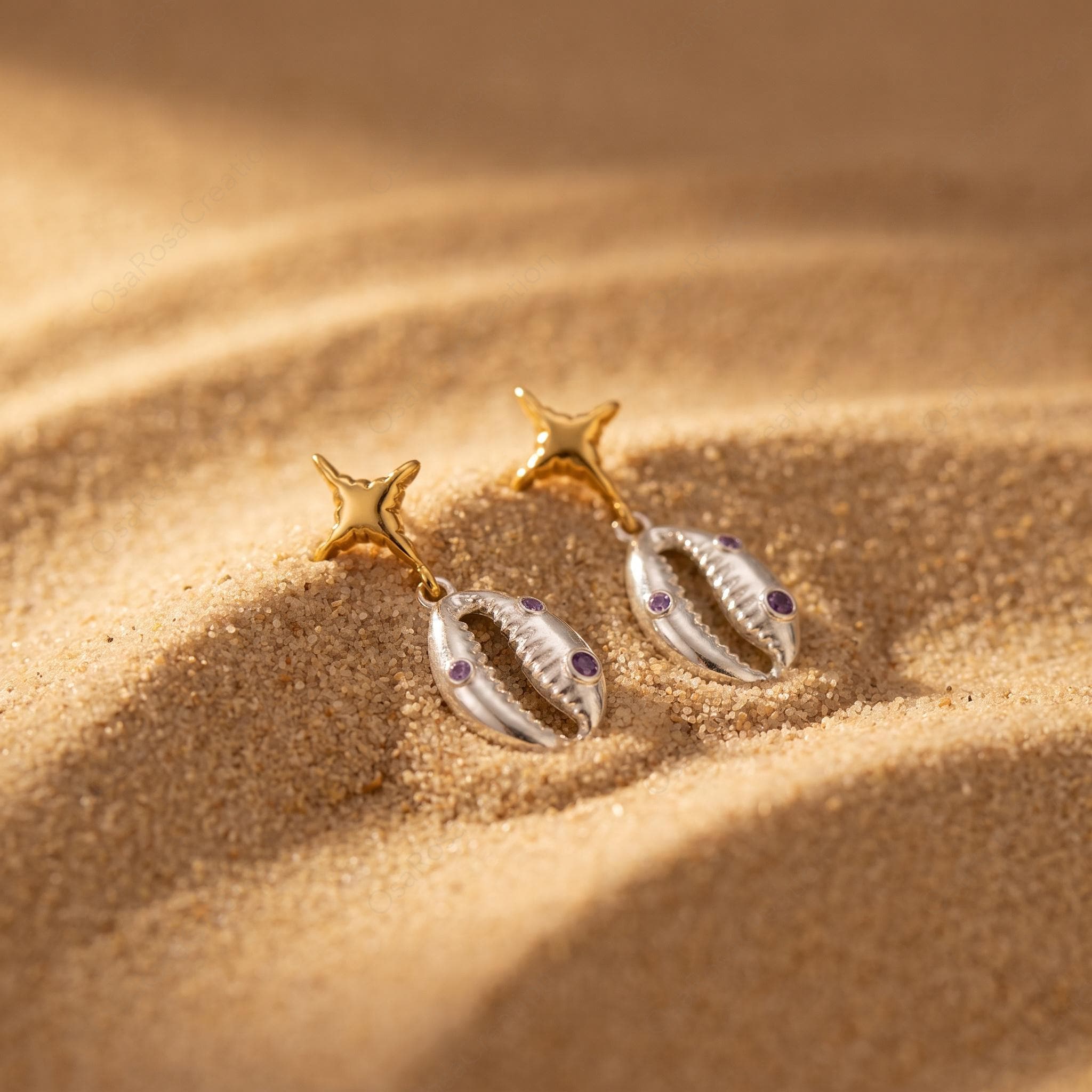 Cowrie Shell Star Dangle Earrings, Gold Plated Brass, Purple Stone Coastal Jewelry