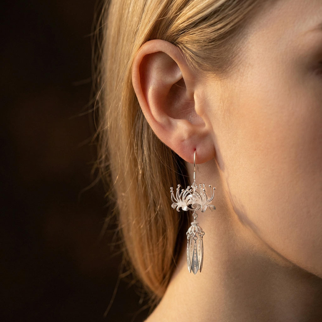 Spider Lily Filigree Drop Earrings – Sterling Silver Floral Dangles, Elven Fantasy Jewelry