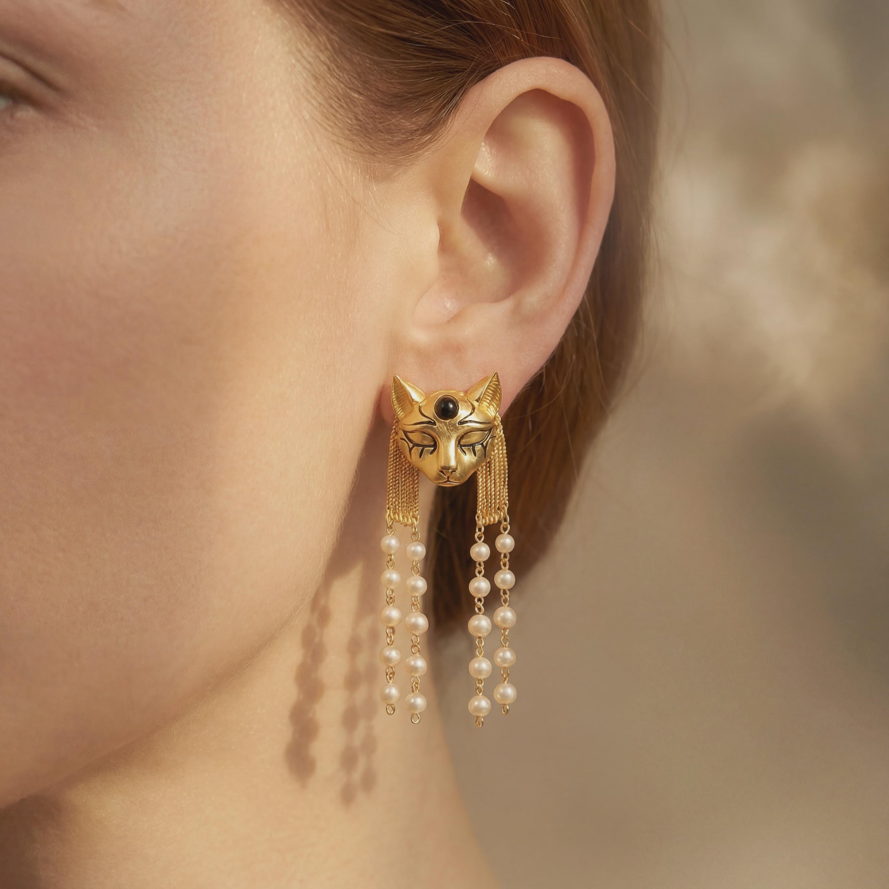 Egyptian Cat Earrings • Bastet Goddess Pearl Tassel • Art Deco Jewelry