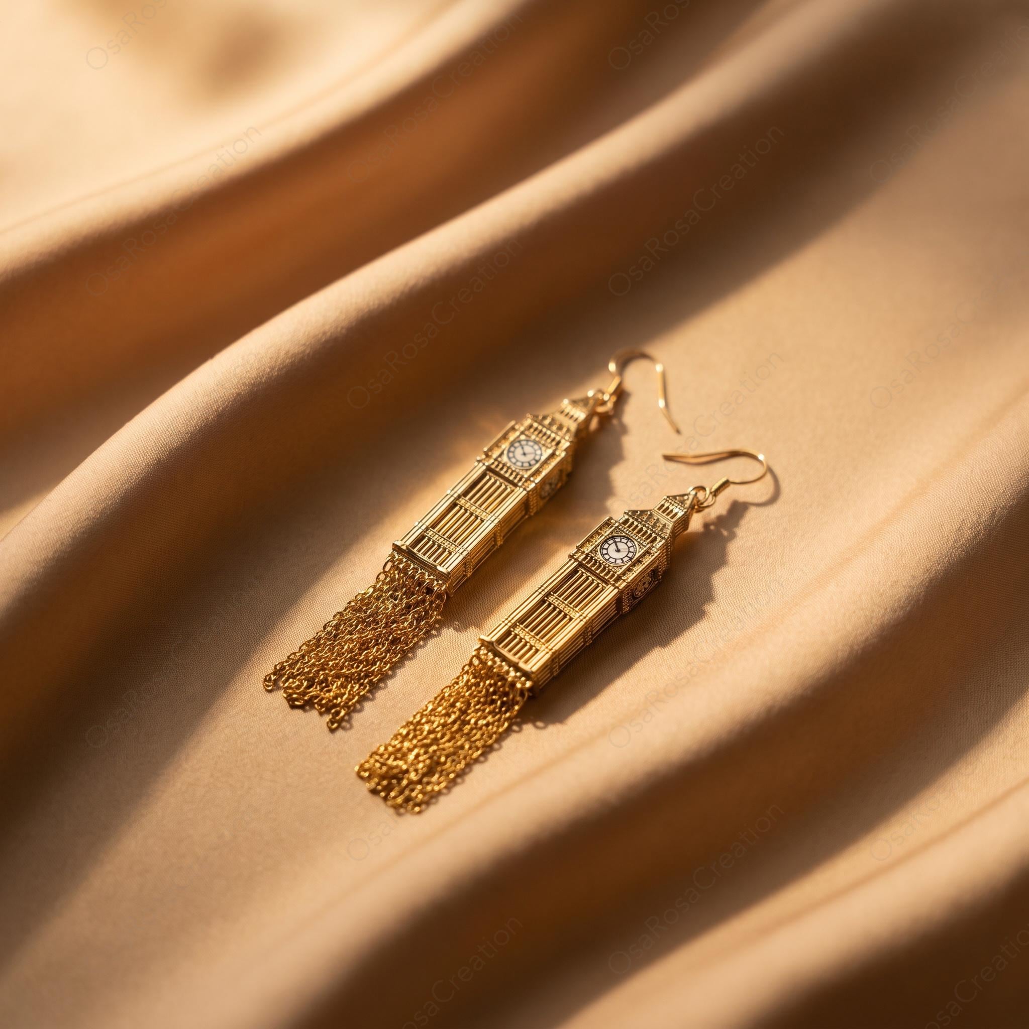 Big Ben Dangle Earrings, Architectural Tassel Drop Earrings
