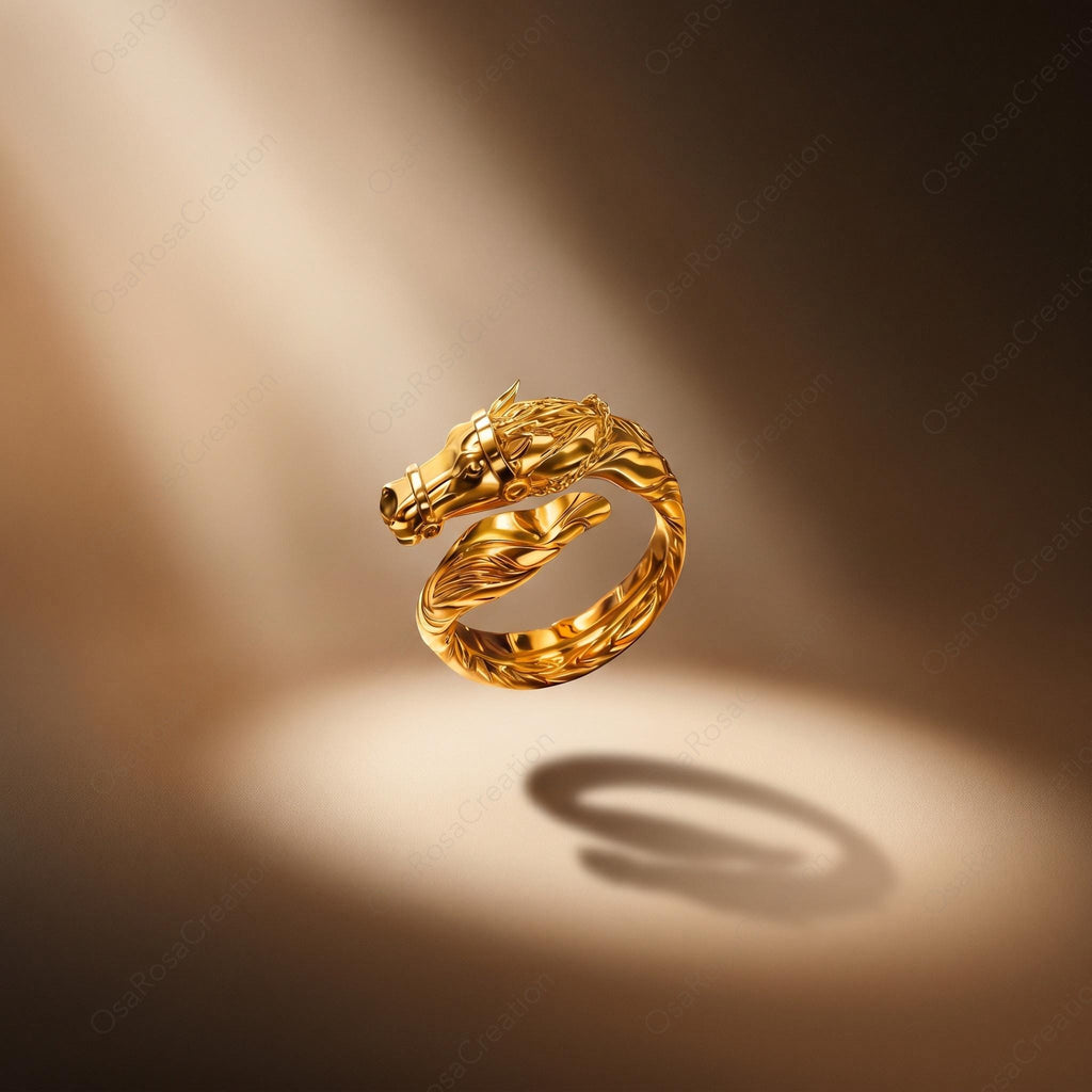 Sculptural Gold Horse Wrap Ring, Equestrian Animal Jewelry, Vintage Style Statement Piece