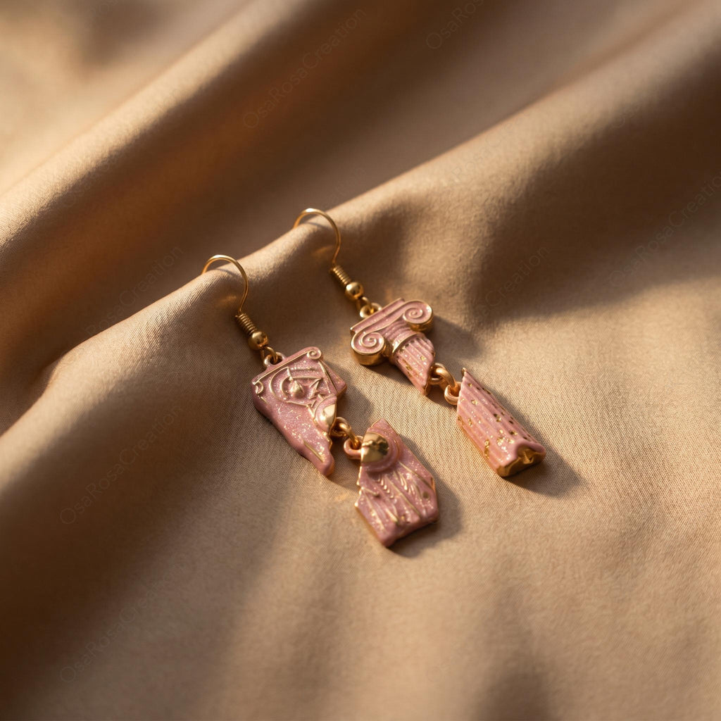 Asymmetrical Pink Pillar Earrings, Ancient Greek Architecture Jewelry, Broken Column Dangle Earrings, Classical Art History Gift for Her