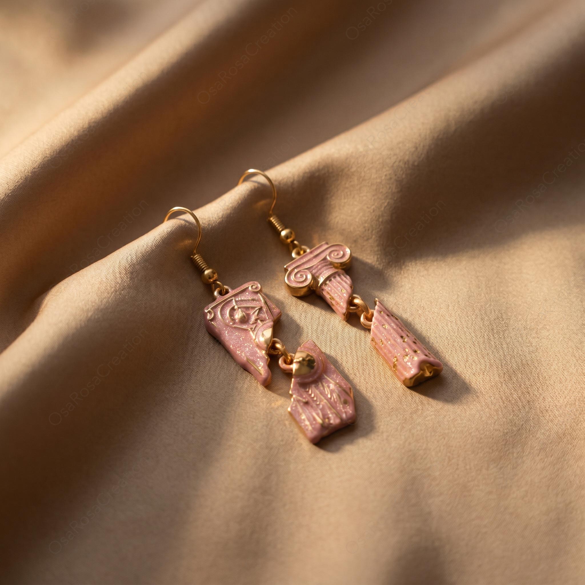 Asymmetrical Pink Pillar Earrings, Ancient Greek Architecture Jewelry, Broken Column Dangle Earrings, Classical Art History Gift for Her