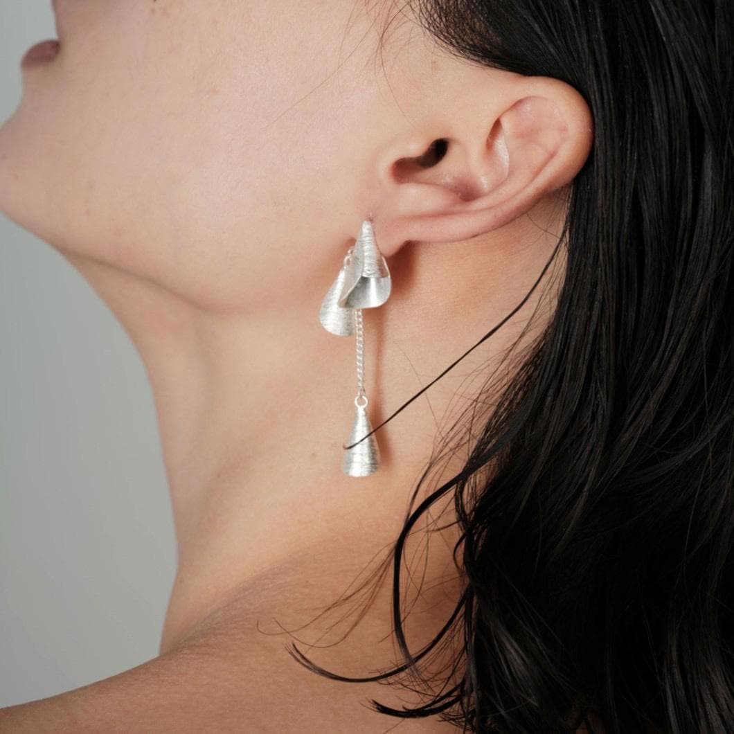 Sculptural Shell Drop Earrings, Platinum Plated, Greco-Roman Jewelry
