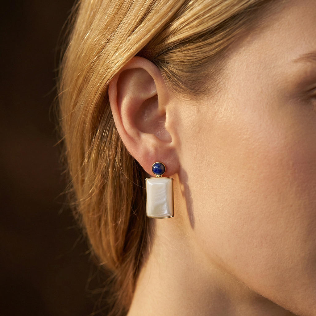 Art Deco Mother of Pearl Lapis Lazuli Earrings – 18K Gold Plated Sterling Silver Drops