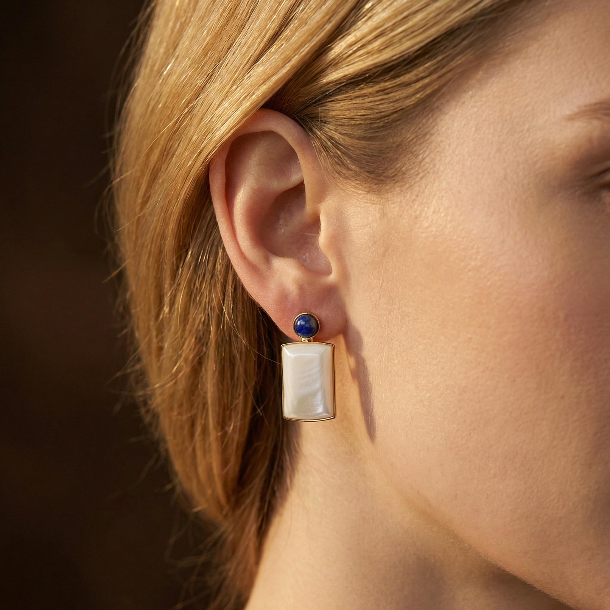 Art Deco Mother of Pearl Lapis Lazuli Earrings – 18K Gold Plated Sterling Silver Drops