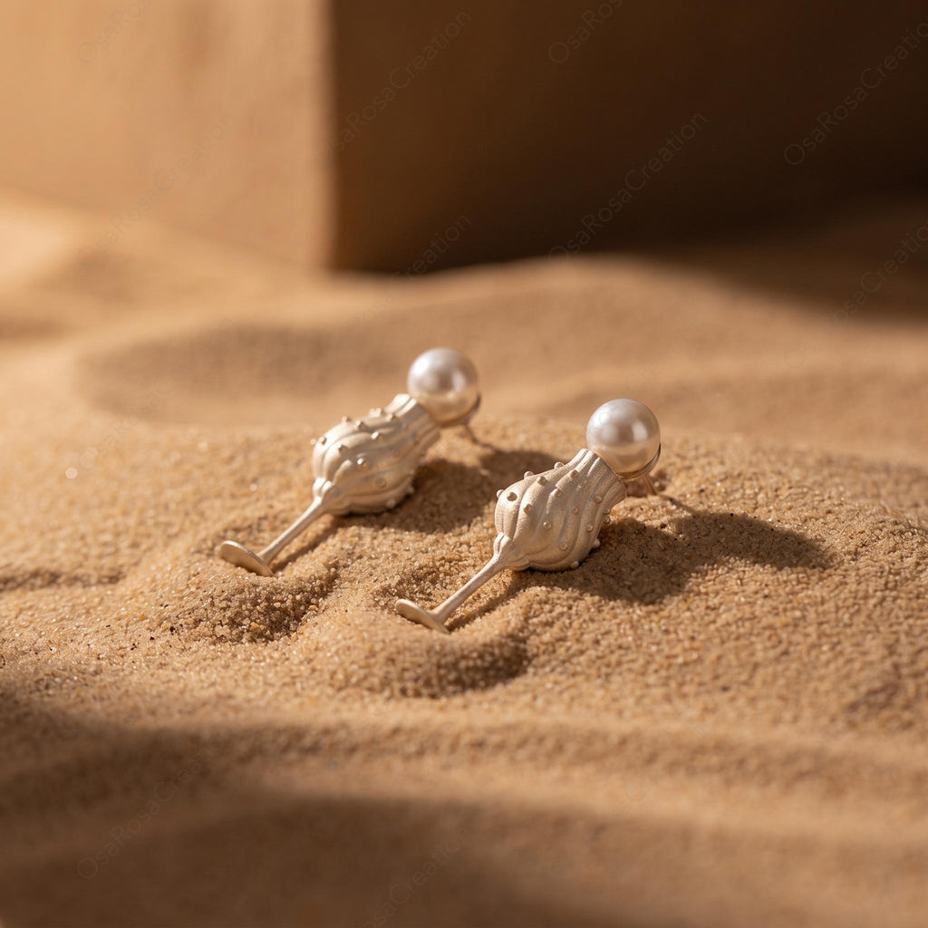 Sculptural Silver Goblet Earrings with Pearl, Vintage Inspired Whimsical Jewelry