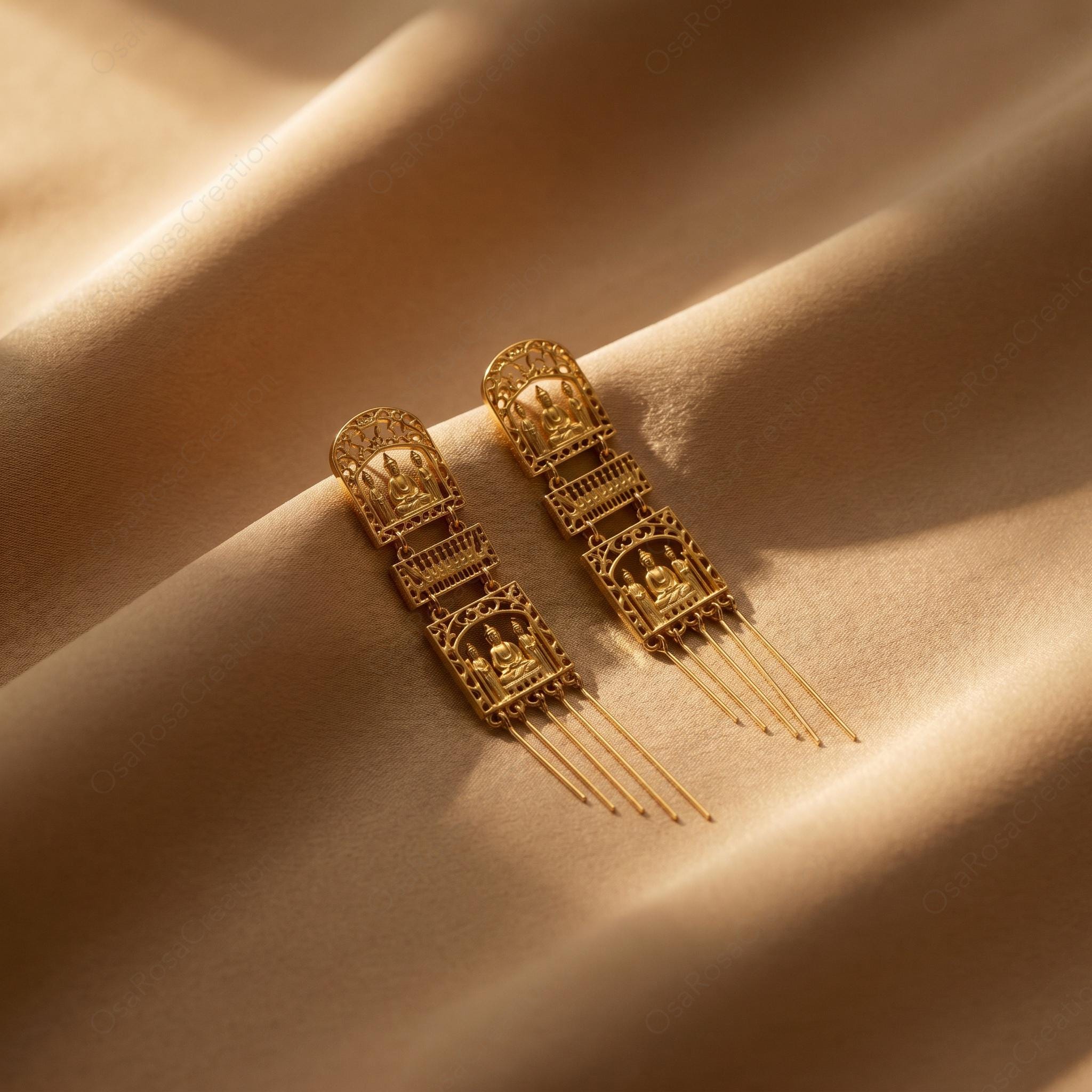 Gold Buddha Dangle Earrings • Zen Temple Jewelry, S925 Posts