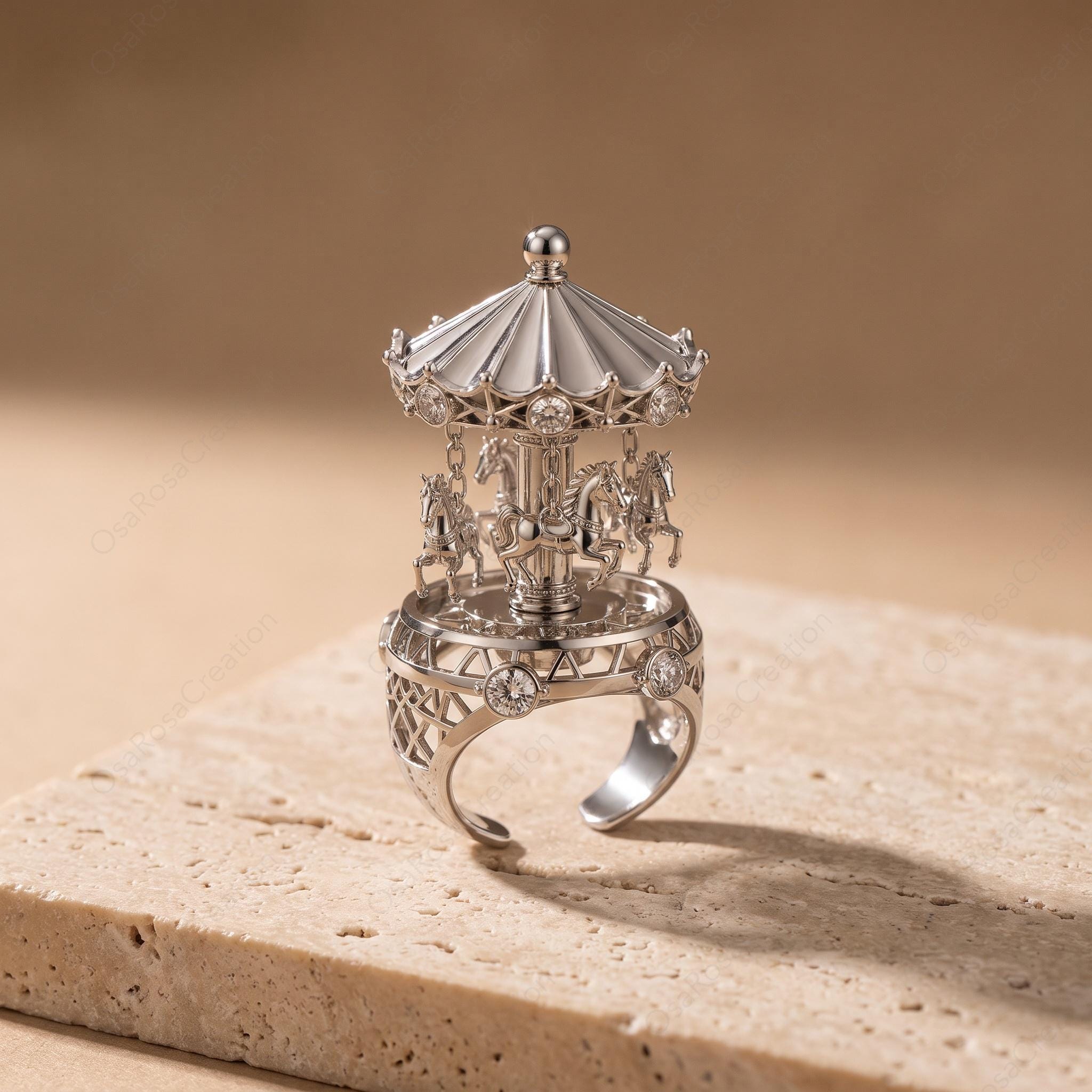 3D Carousel Dome Ring, Platinum-Plated Brass, Cubic Zirconia Fairytale Jewelry