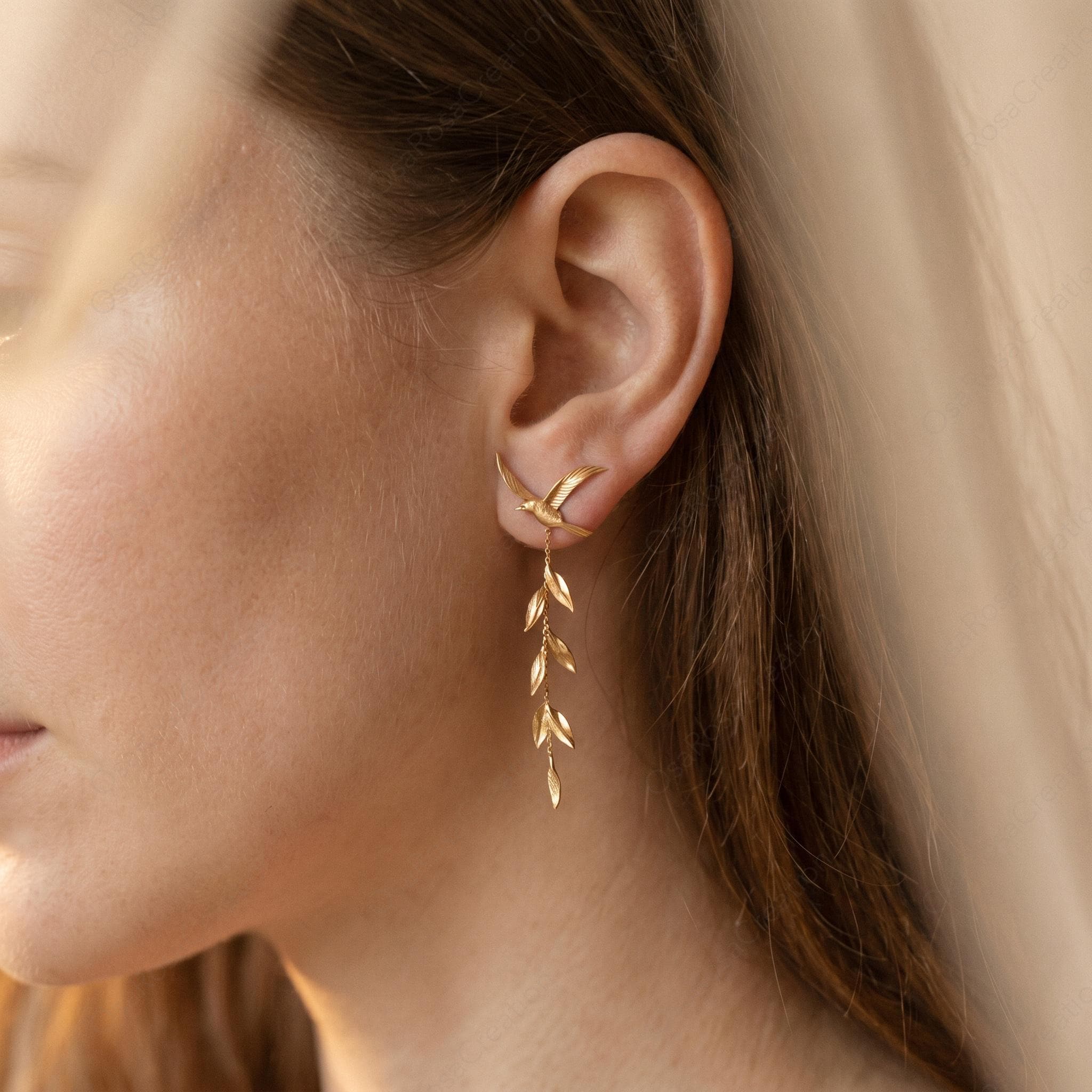 Gold Swallow Earrings • Olive Branch Dangle, Boho Bridal • 18K gold plated