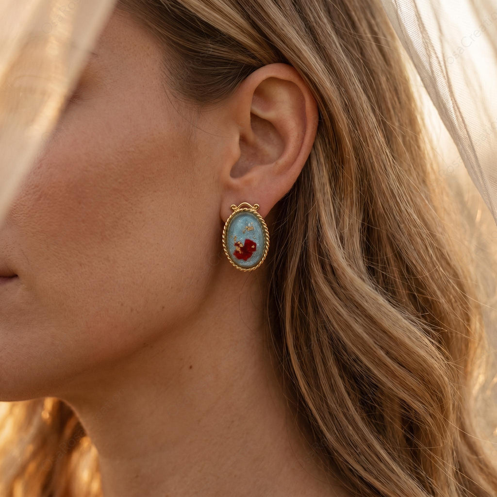 Vintage Botanical Resin Earrings, Gold Framed Red Flower Studs, Art Jewelry