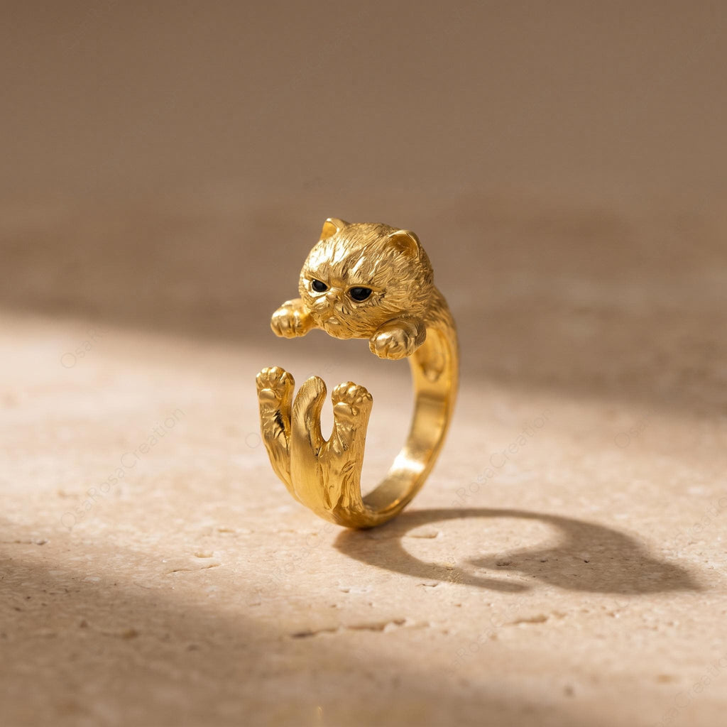 Sculptural Gold Cat Wrap Ring | Textured Feline Animal Jewelry