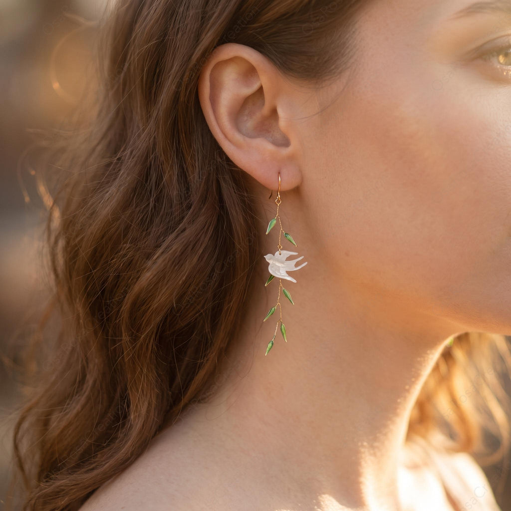 Mother of Pearl Bird Earrings, Gold Enamel Leaf Vine Dangle Jewelry