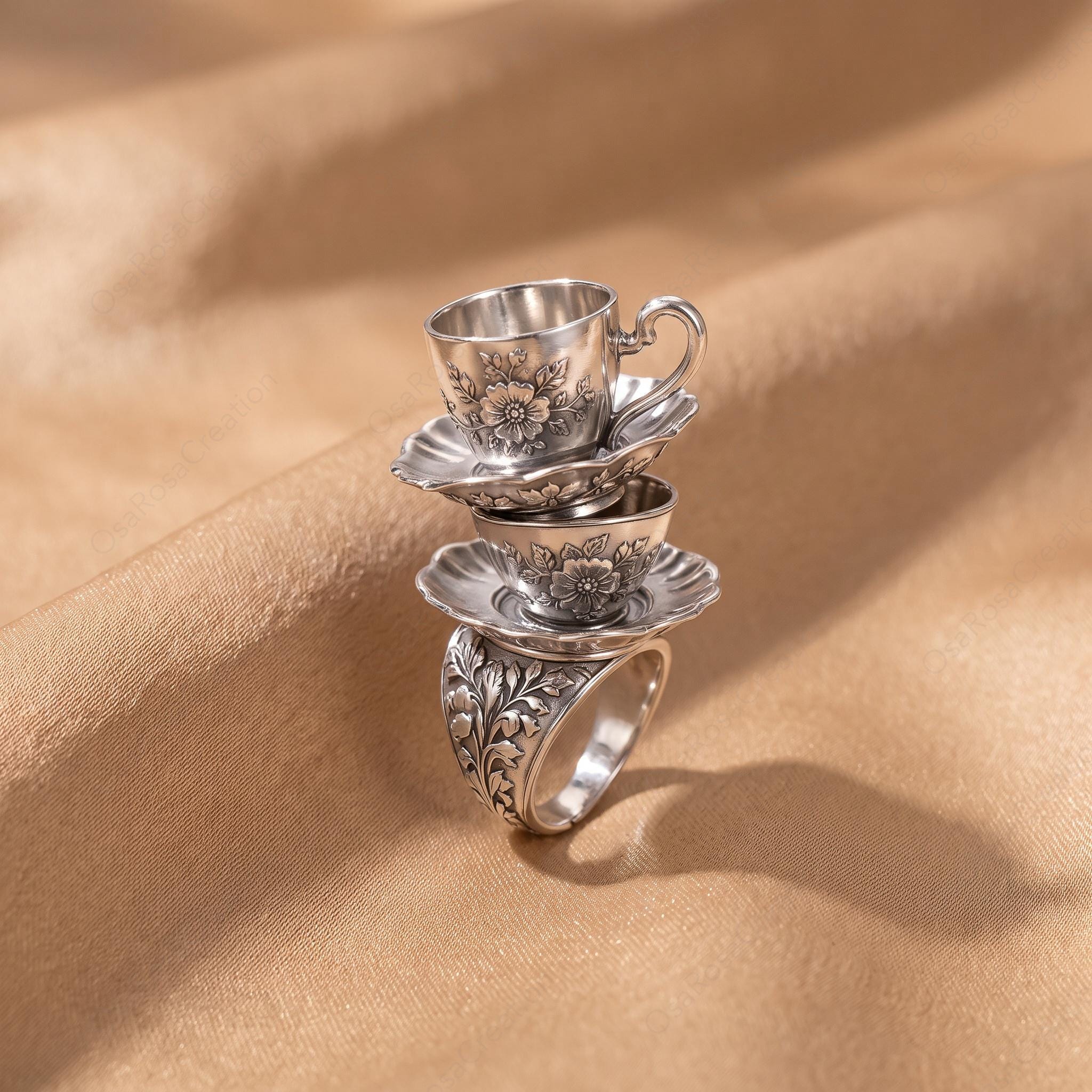 Vintage Stacked Teacup Ring, Floral Engraved Silver, Whimsical Victorian Jewelry