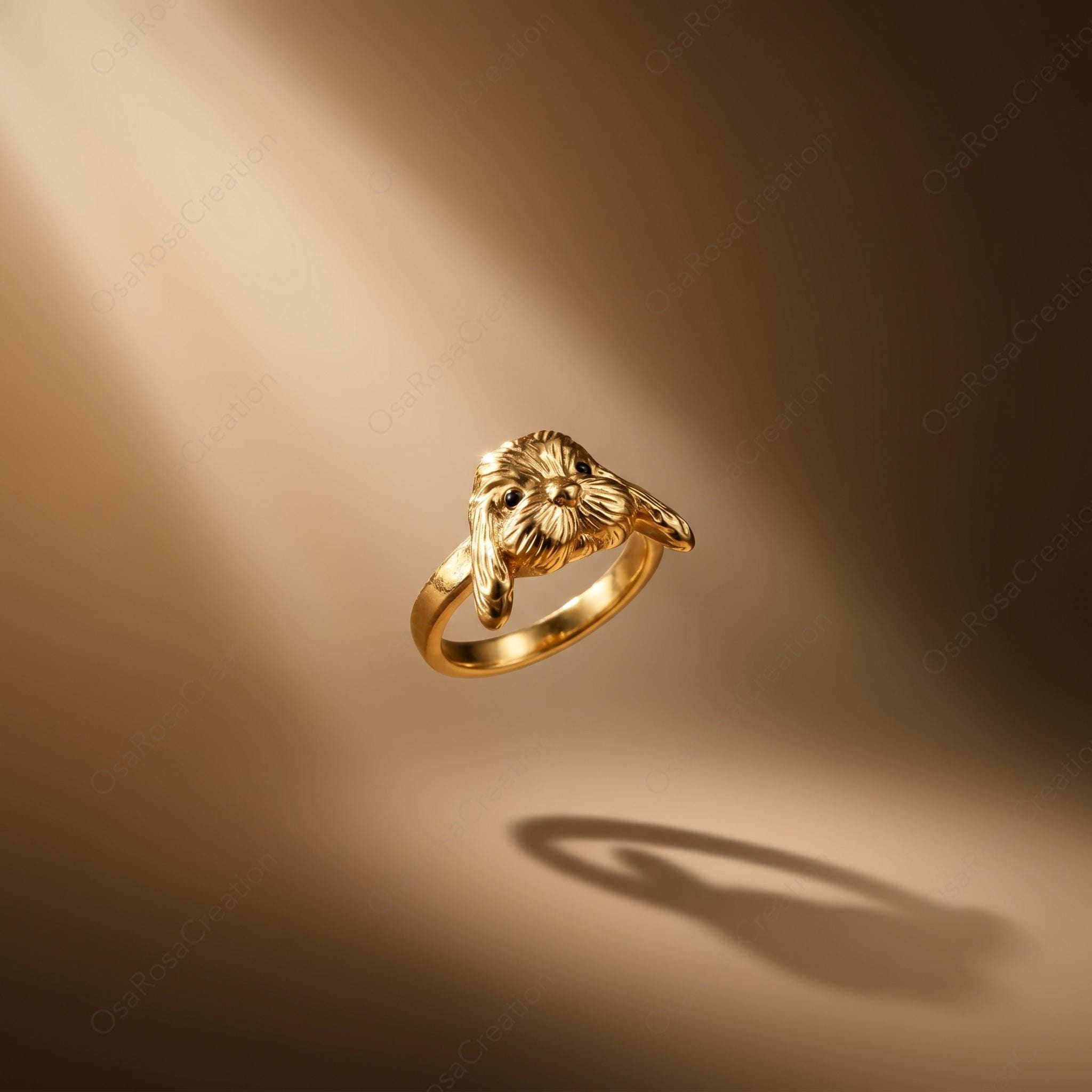 Sculptural Lop Bunny Ring, Gold Plated Brass, Vintage Style Animal Jewelry