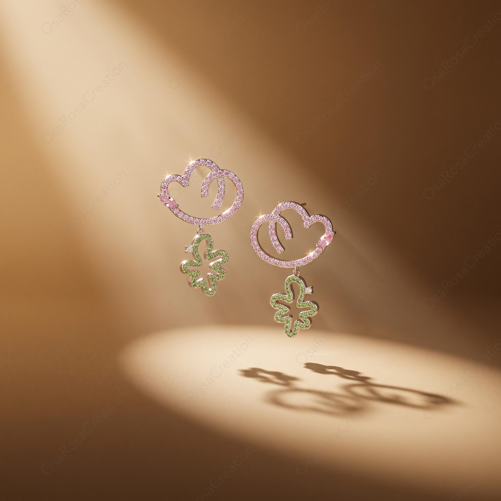 Whimsical Cloud Floral Dangle Earrings, Pastel Botanical Garden Jewelry