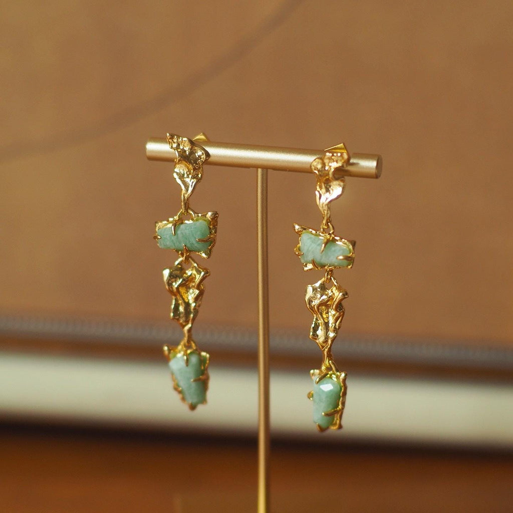 Gold Jade Dangle Earrings, Sculptural Baroque Style, Sterling Silver Post