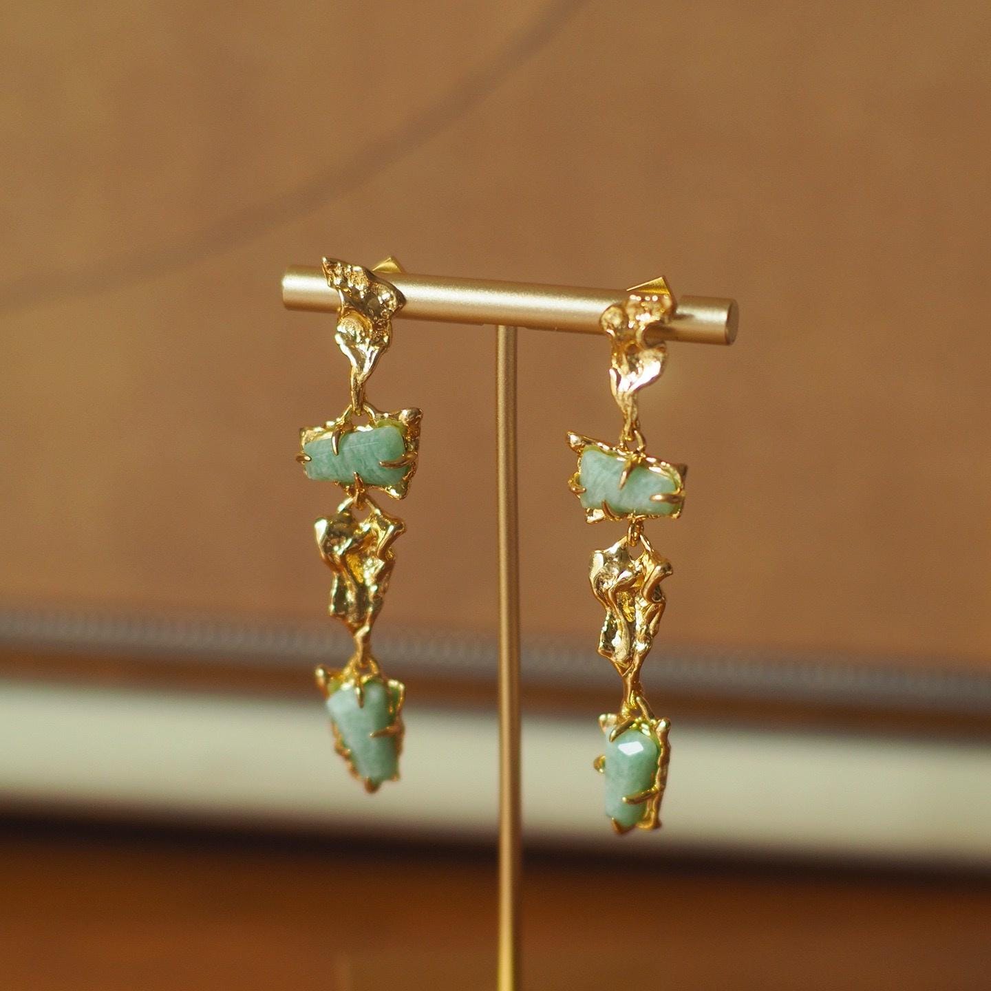 Gold Jade Dangle Earrings, Sculptural Baroque Style, Sterling Silver Post