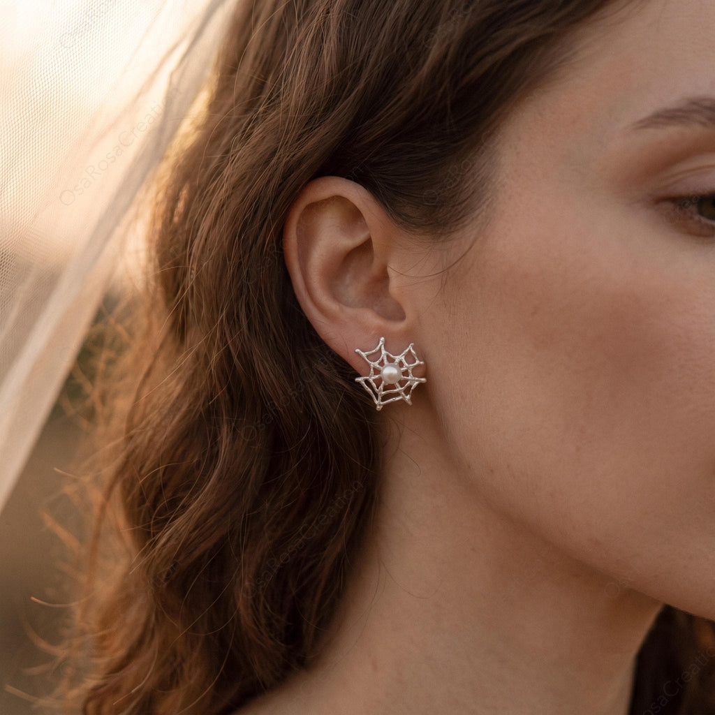Silver Spider Web Earrings with Pearl Center